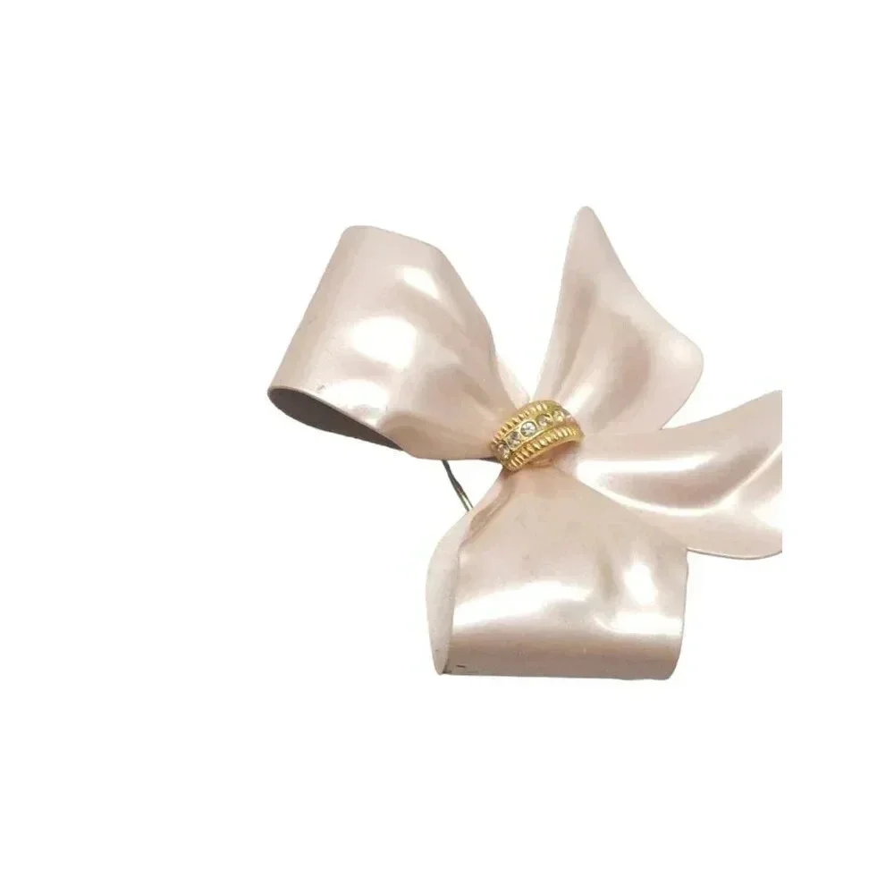 Clear Rhinestone Pink Satin Enamel Metal Large Bow Brooch Pin Gold Tone Vintage
